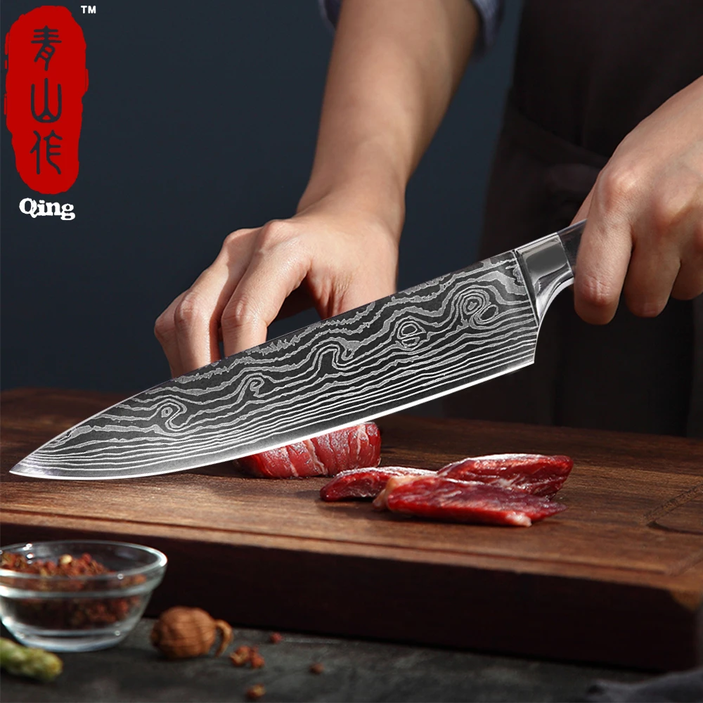 Qing, набор кухонных ножей из нержавеющей стали, японский нож шеф-повара, стальной нож с узором, кухонный нож Santoku Chef