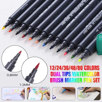 

12/24/36/48/80 Colors Dual Tips Watercolor Brush Marker Pen Set with Fineliner Tip for Coloring Books Drawing Highlighting