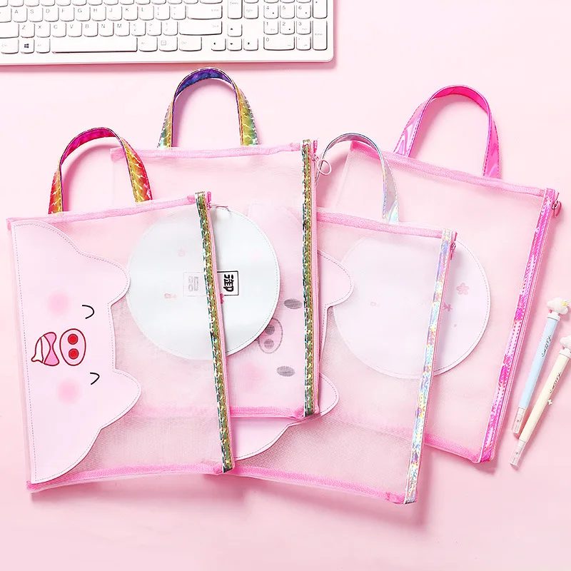 

Cute pig pig grid file bag girl heart mesh zipper file bag portable A4 student test paper bag