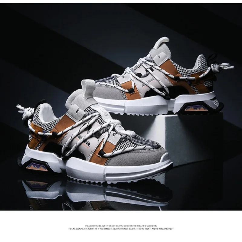 

Men PU Leather Running Shoes Mesh Lace Up Dad Shoes Slip On Sports Shoes Platform Low Top Trainers