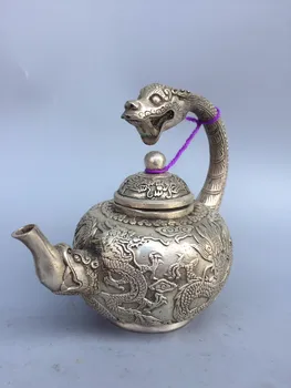 

China Old Feng Shui Ornaments Plated Silver Dragon Body Statue Pot Home Decoration