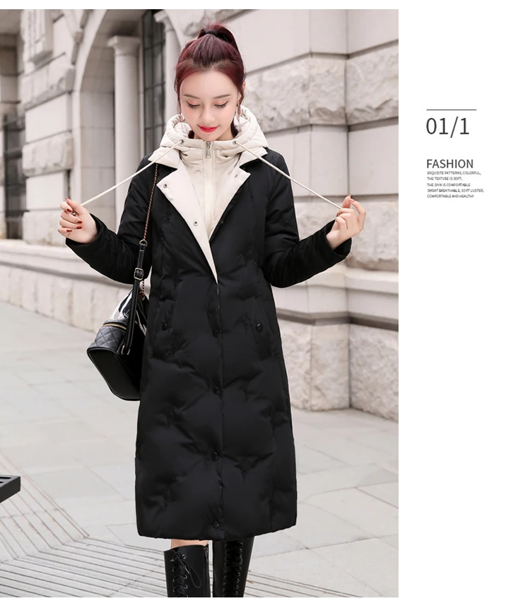 Winter CHIC Mid-length Cotton-padded Clothes Women's Slim Fit Slimming Mock Two-Piece Versatile Youth Students Cotton Coat