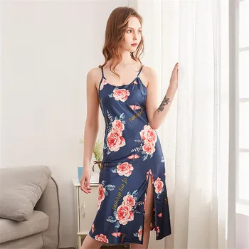 

Sexy Silk Satin Printing Nightgowns Women Floral Printed Sling Backless Nightdress Smooth Feel Sleeveless Sleepwear Homewear