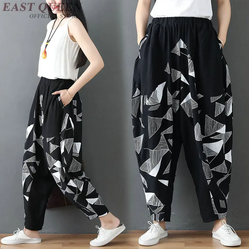 Online Chinese Store Harem Pants Loose Casual Female Bottoms Print Hip Hop Elastic Waist Cotton Linen Trousers Women TA1772