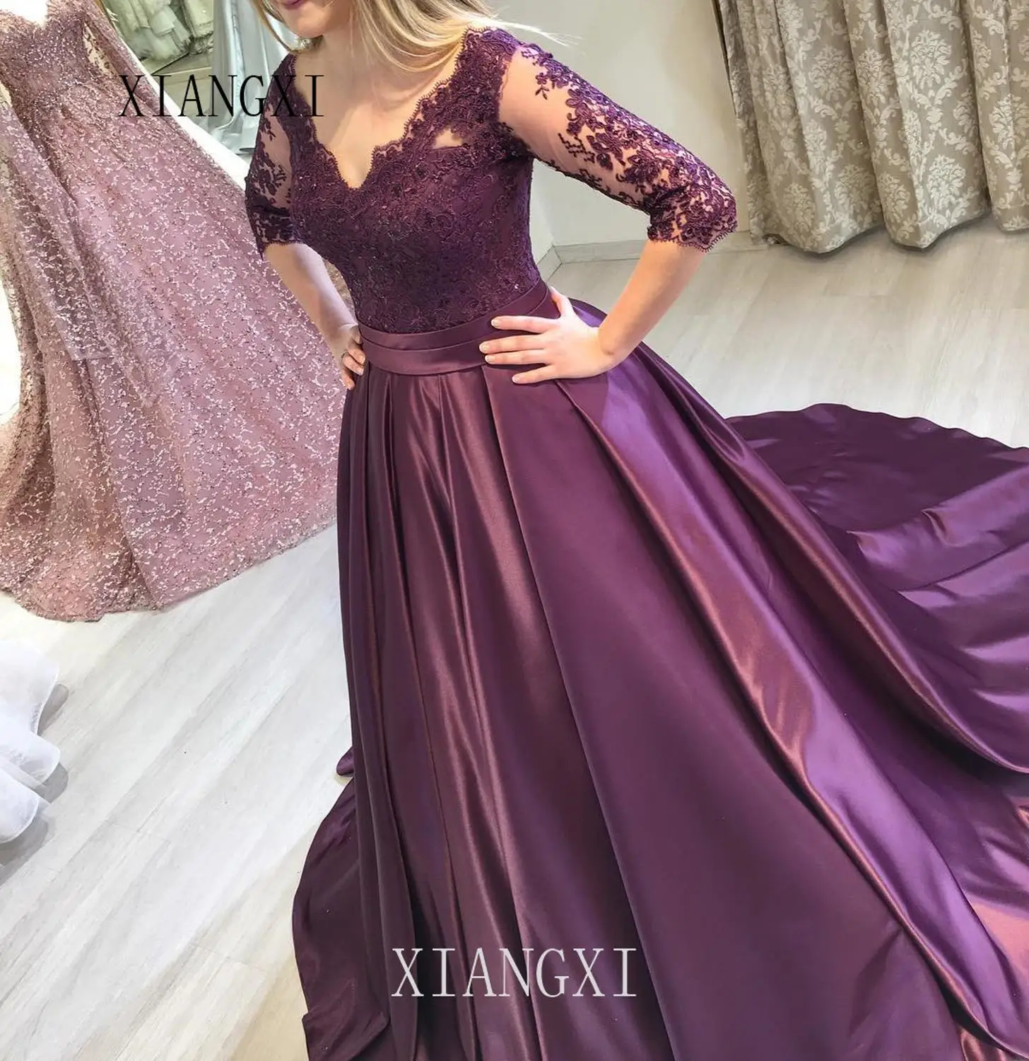 Фиолетовые Вечерние платья Vestidos, длинное атласное кружевное вечернее платье в пол с бисером,, вечерние платья Robe de soiree
