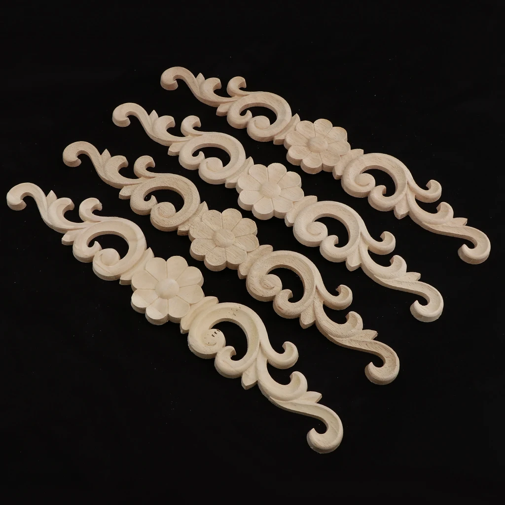 4pc Wood Carved Onlay Applique Craft Unpainted Furniture Home Decoration Crafts
