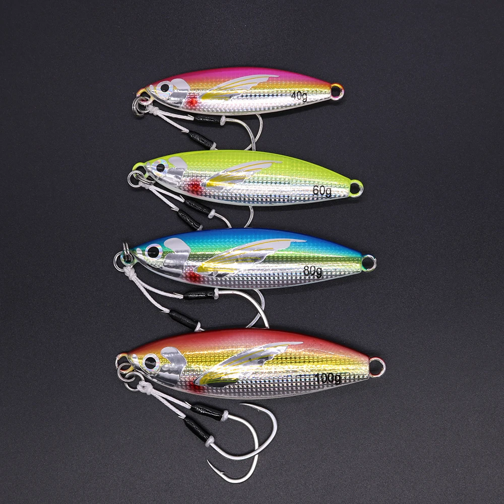CASTFUN 40g 60g 80g 100g 4PC/lot Sea Fishing Lures Glow Slow Jigging Casting Jig Metal Jig With Fishing Hook Artificial Baits