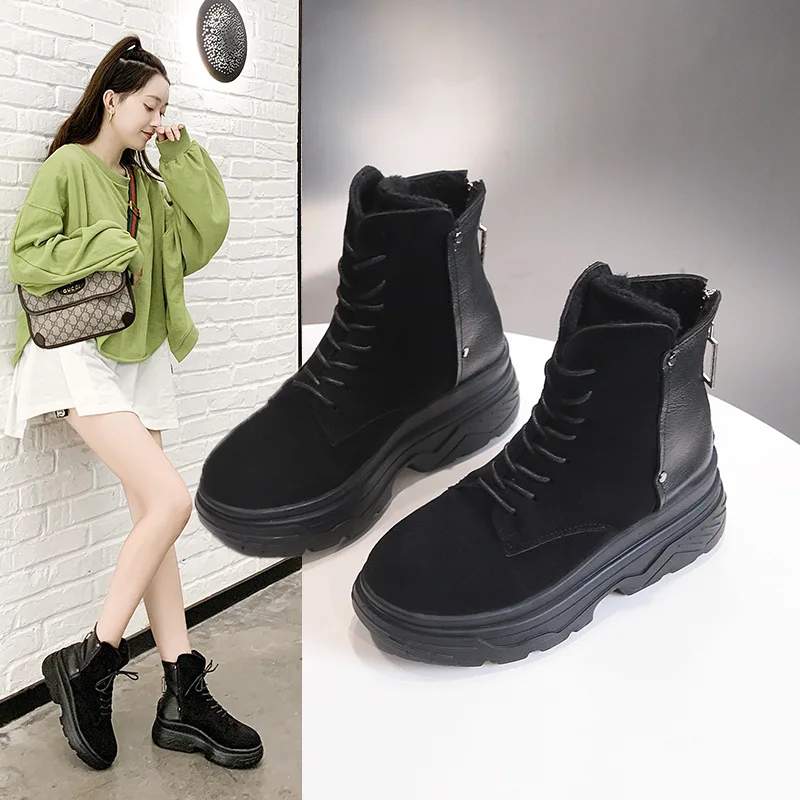 

Europe And America Platform Heel Fabric Leather Stitching Short Boots Women's after Zipper Cross Straps Martin Boots Comfortable