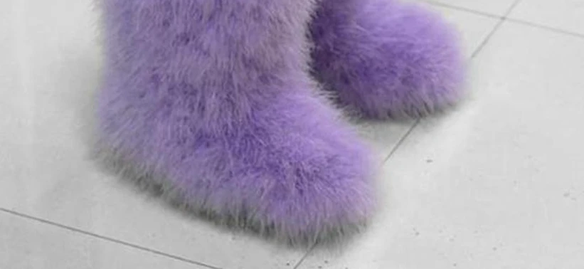 ASILETO/зимние женские теплые ботинки; теплые лыжные ботинки на плоской подошве с натуральным мехом страуса и перьями; botte T566 - Цвет: Purple  15cm