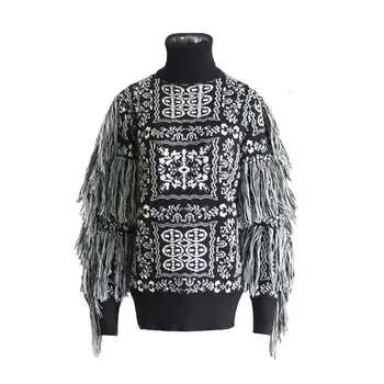 

XUXI 2020 New Autumn Tassel Vintage Pattern Knitted Sweater Lady Style Patchwork Pullover Elegant Korea Fashion Sweater FZ0349