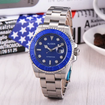 

BLIGER 40MM Mens Simple blue Dial Ceramic bezel Automatic mechanical Watch Sapphire waterproof Luminous man watches часы мужские