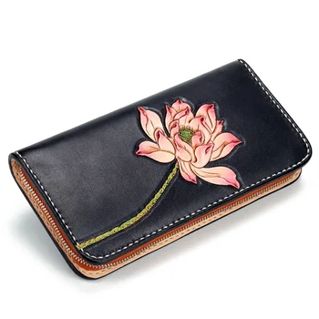 

Hand Carved Genuine Cow Leather Zipper Closure Women's Long Card Wallet Engraved Lotus Flower Designer Ladies Clutch Purse