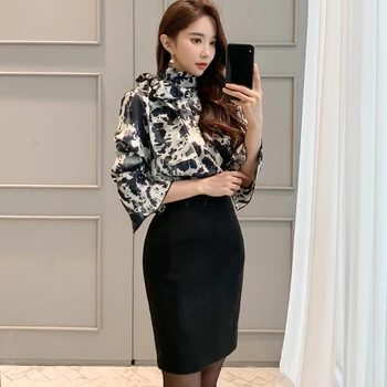 

New Two Piece Sets Korea Bowknot Print Flare Sleeve Blouse Bodycon Pencil Skirt Women's Mini Suit Office Dress