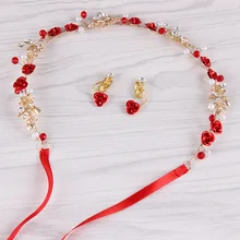 Свадебный головной убор, свадебная красная лента для волос, резинки для волос, серьги ручной работы, аксессуары для волос, цветок, китайское традиционное свадебное платье