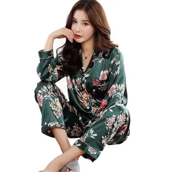 

New Spring Pajama Long Sleeve Thin Pyjamas Women Korean Personalized Home Clothing Simulation Silk Two Sets Printed Pijama Mujer