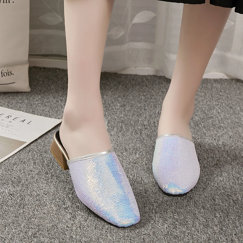 

2019 Women Slipper Pointed Toe Rhinestone Summer Female Luxury Sequins Half Slippers Lady Outside Wear Slides Woman Slippers