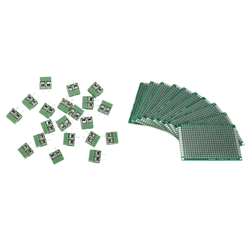 

10 Pcs Double Side 5X7cm PCB Strip Board Printed Circuit Prototype Track & 20 Pcs 2 Pole 5mm Pitch PCB Mount Screw Terminal Bloc