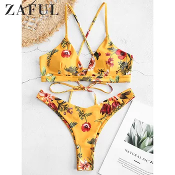 

ZAFUL Flower Bikini Set Retro Women Push up Bra Bandeau Bikinis Padded Summer Female Biqinis Lace Swimsuit Brazilian Beachwear
