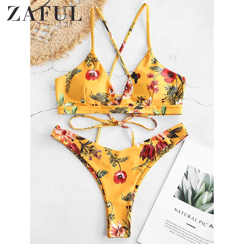 ZAFUL Женский комплект бикини в стиле ретро с цветочным принтом бюстгальтер пуш ап