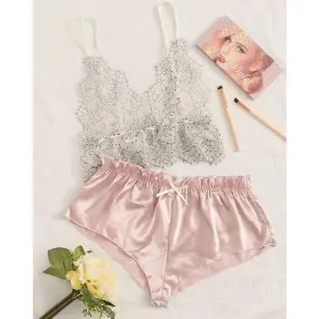 

2PCS Women Sexy See-through Lace Silk Crop Top Deep V Neck Sling Bra High waist Satin Briefs Sleepwear Lingerie Set Exotic Sets