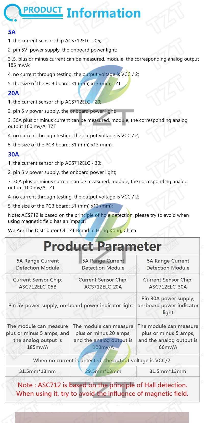 TZT Hall-Stromsensoren-Modul ACS712-Modul 5A 20A 30A Hall-Stromsensoren-Modul 5A/20A/30A ACS712 – Detail 1