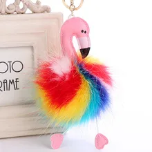 Из искусственной кожи брелок в виде фламинго из искусственного лисьего меха; фламинго и меховыми помпонами подвески с ключиками, дамская сумочка, Женская сумочка, украшения