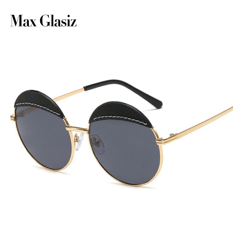 Max Glasiz New Punk Style Round Sunglasses Women Steampunk Artificial Leather Decoration Sun Glasses Female Circle Sunglass