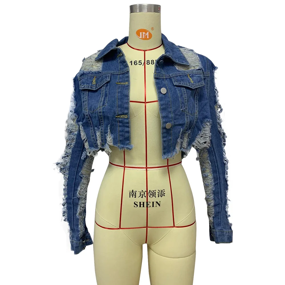 Echoine Turn-down Colarinho Jean Jaqueta Vintage Sexy Buraco Curto Denim Feminina Casual Azul Moda Cabolsas Outwear 14 Jaquetas básicas