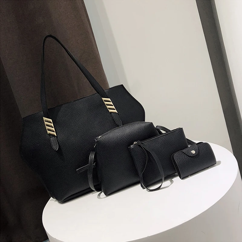 Black 4 шт. кошелек из искусственной кожи женская кожаная роскошная женская сумка Новая мода четыре части сумка через плечо сумка-кошелек сумочка - Цвет: Black
