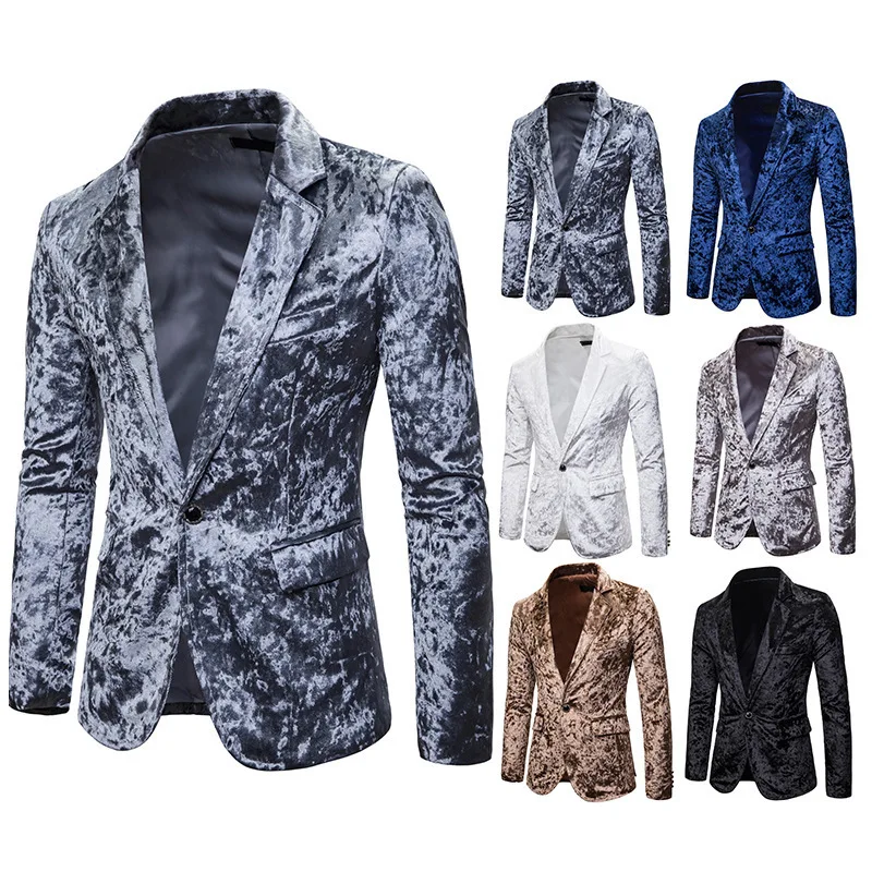 2019 модные Для мужчин бархатный пиджак Винтаж однотонных ярких Slim Fit мужской