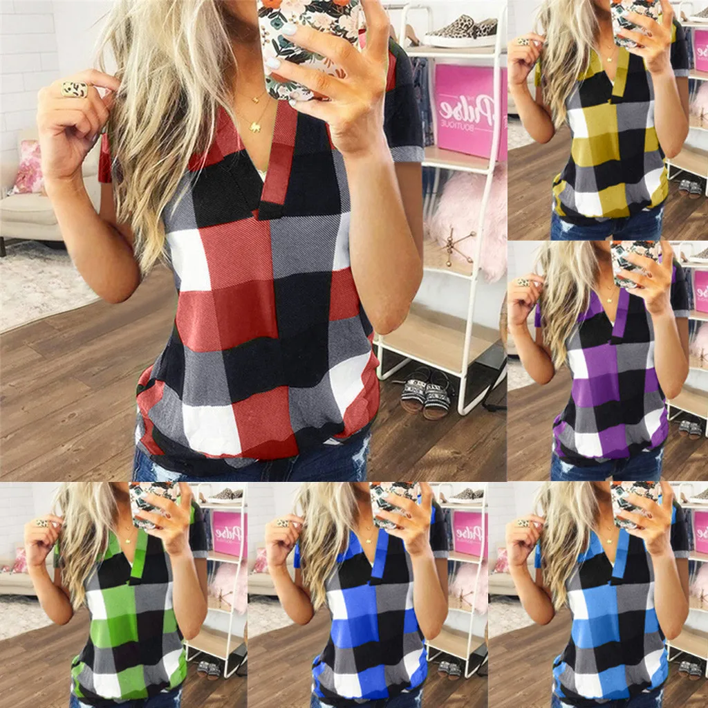 Fashion Plaid T Shirt Plus Size Cotton tshirt Casual Summer Ladies Sexy V-Neck Tunic Tops Female Women Short Sleeve Shirt Blouse