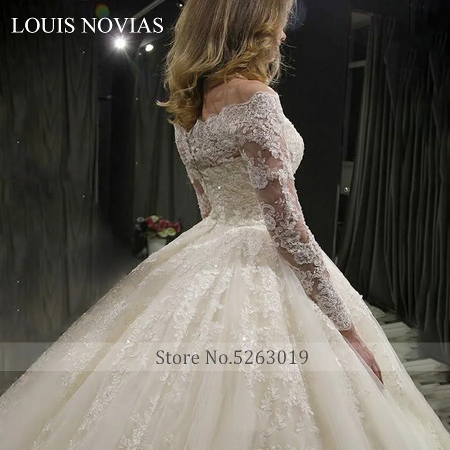 LOUIS NOVIAS Sexy Boat Neck Lace Ball Gown Wedding Dress Long Sleeve Appliques Bride Dresses Vintage Princess Wedding Gowns