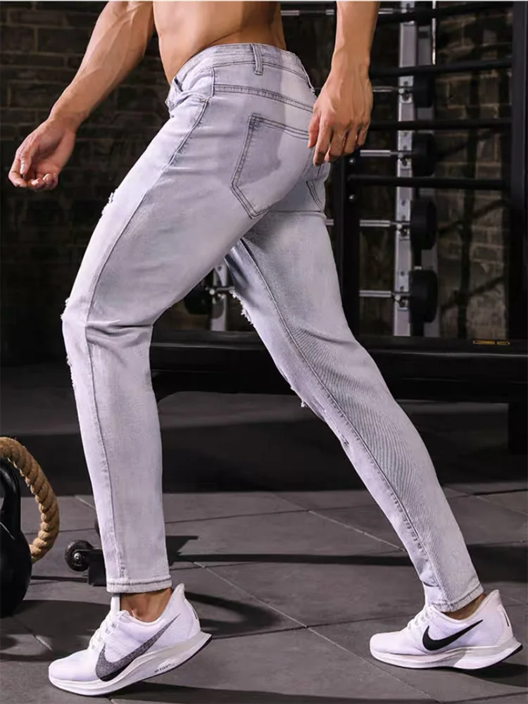 2020NEW GUY MuscleMen's джинсы стрейч обтягивающие джинсы модные повседневные облегающие джинсовые брюки синие хаки белые мужские брюки