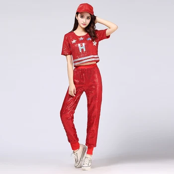 

Hiphop Girl Street Dance Outfits Nightclub Lady Competition Cheerleading Sequins Two Piece Dance Wear Costume