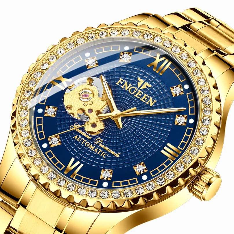 

FNGEEN Luxury Golden Men Automatic Mechanical Watch Self-wind Diamond Design Wrist Watches