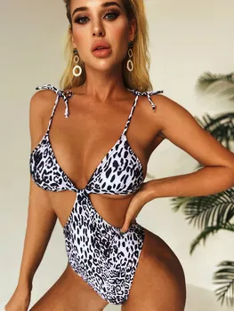 

Sexy V Neck High Cut Leopard One Piece Swimsuit Women Hollow Out Swimwear Female Backless Monokini Bather Bathing Suit Swim Lady