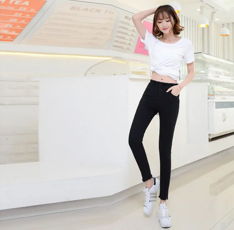 Summer Women Ankle-Length Black Jeans Students High Waist Stretch Skinny Female Tassel Pencil Pants Denim Ladies Trousers