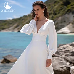Aedmgh A-Line Boho Satin Wedding Dresses 2021 V-Neck Puff Long Sleeve Robe De Mariee Elegant Simple Custom Made Vestido De Novia