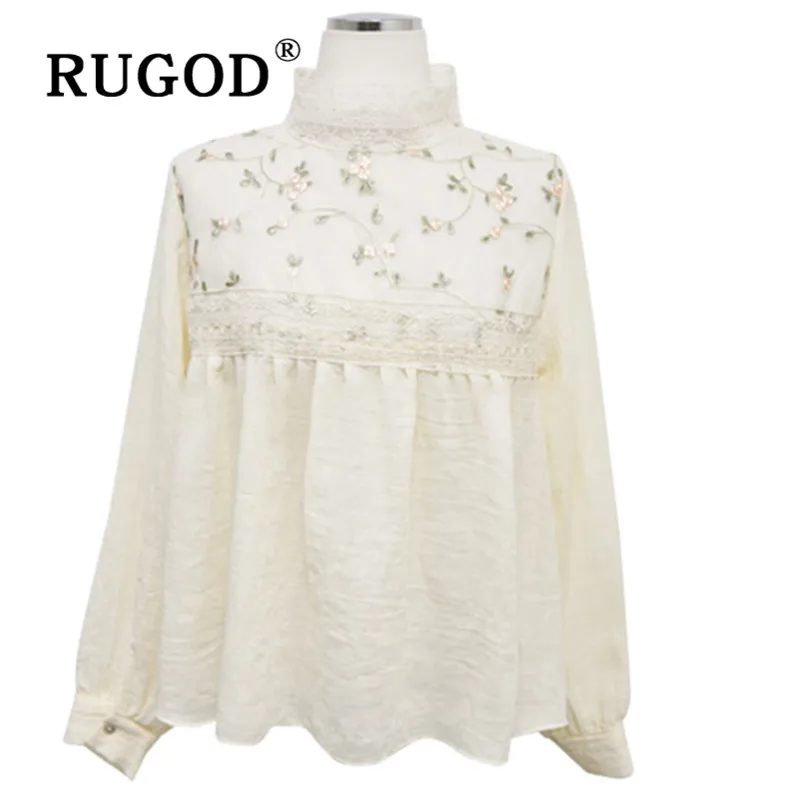  RUGOD 2020 Spring Embroidery Lace Blouse Women Blouses Long Sleeve Elegant Top Korean Fashion Cloth