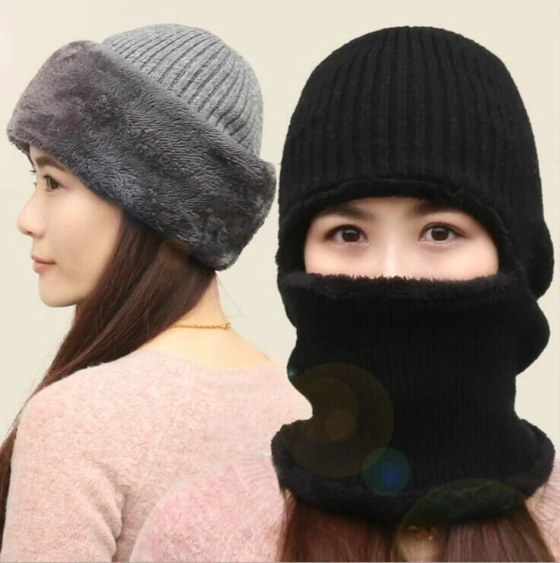 Autumn and Winter Knitted Wool Beanie Solid Masked Couple Hat Plus Velvet Thickening Unisex Earmuffs Scarf Hats Warm Winter Cap