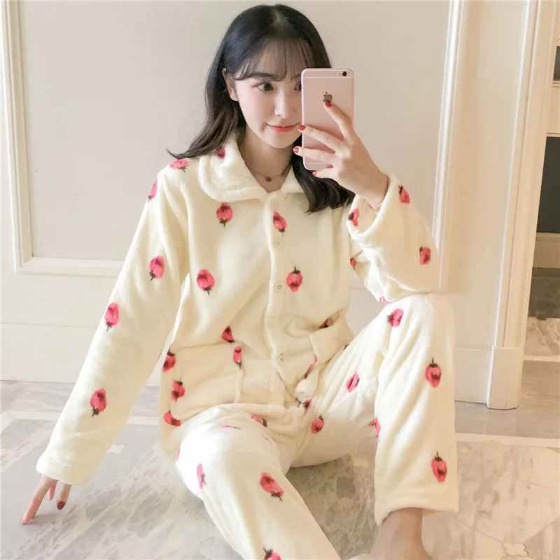 Autumn Winter Warm Flannel Women Pyjamas Sets Thick Coral Velvet Long Sleeve Cartoon Sleepwear Thin Flannel Pajamas Set for Girl