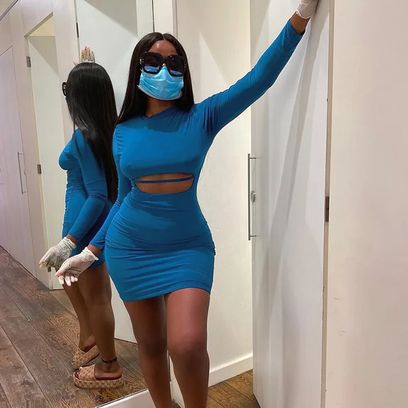 2020 Long Sleeve Cut Out Sexy Mini Dress Autumn Winter Women Fashion Streetwear Outfits Pure Club Wear