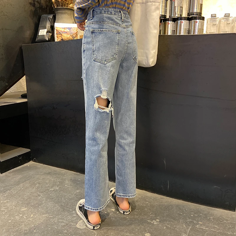 EAD весна новые женские джинсы в Корейском стиле с высокой талией повседневные свободные прямые брюки были тонкие и дырявые брюки большого размера синие