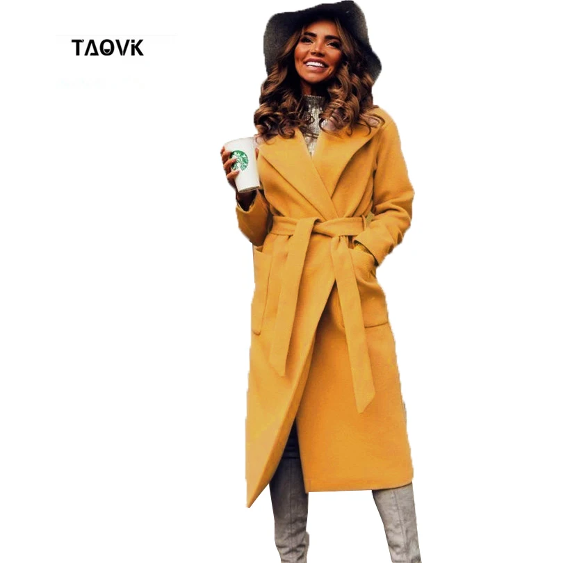 TAOVK Womens Jackets & Coats Medium-long Belt Wool & Blends Coat Turn-down Collar Solid Color Pockets Parka