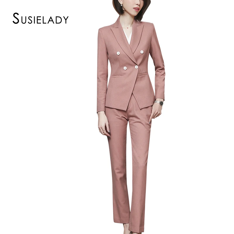 SUSIELADY женский брючный костюм однотонный двубортный офисный для работы деловой