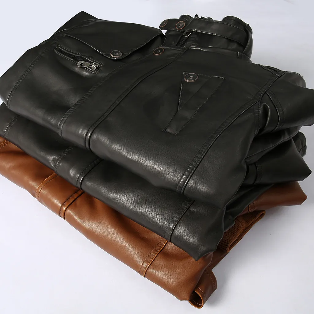 Мужская кожаная куртка кожаная курка мужская jaqueta de couro masculino осенне-зимняя однотонная кожаная куртка с длинными рукавами#3