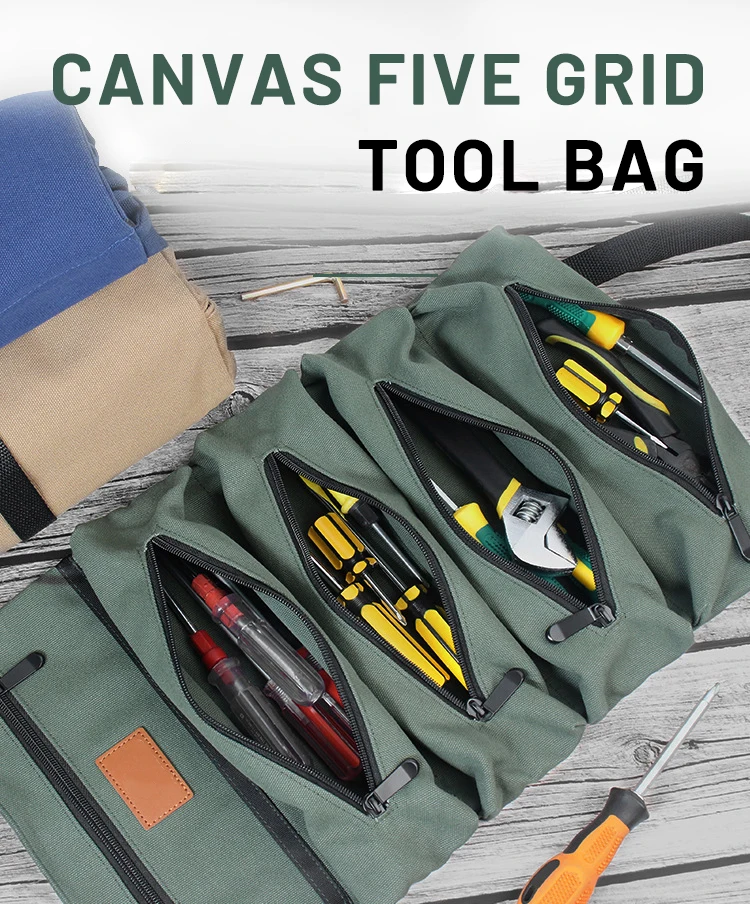 Tool Storage Bag Waterproof Canvas Five Grid Pocket Rollable Hand Bag for Tools Wrench Screwdriver Socket Pliers Organizer Bag waterproof tool bag