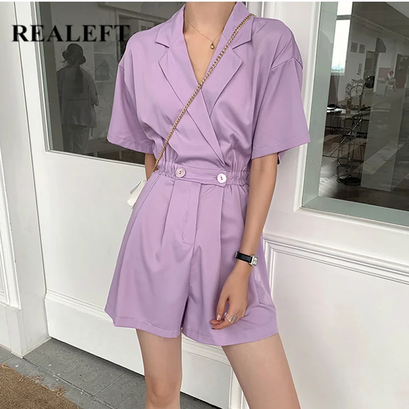 REALEFT Summer 2020 New Elegant Women's Jumpsuit Button High Waist Short Sleeve Korean Style Loose Shorts Chic Romper Female | Женская