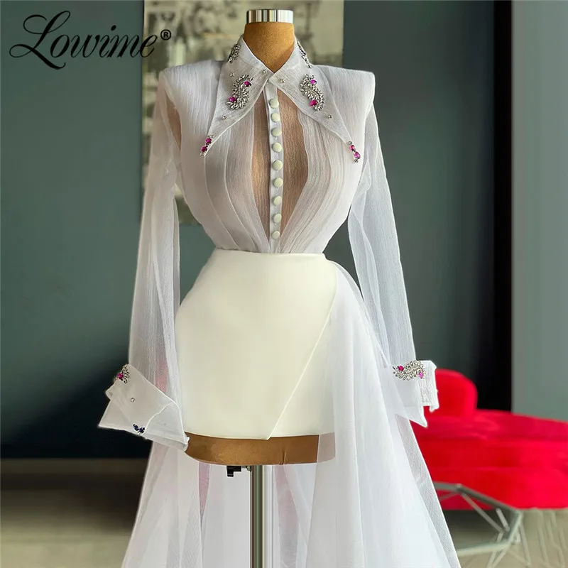

Женское коктейльное платье Lowime, белое платье с длинным рукавом, украшенное бусинами и кристаллами, вечернее платье из двух частей для выпускного вечера, 2021