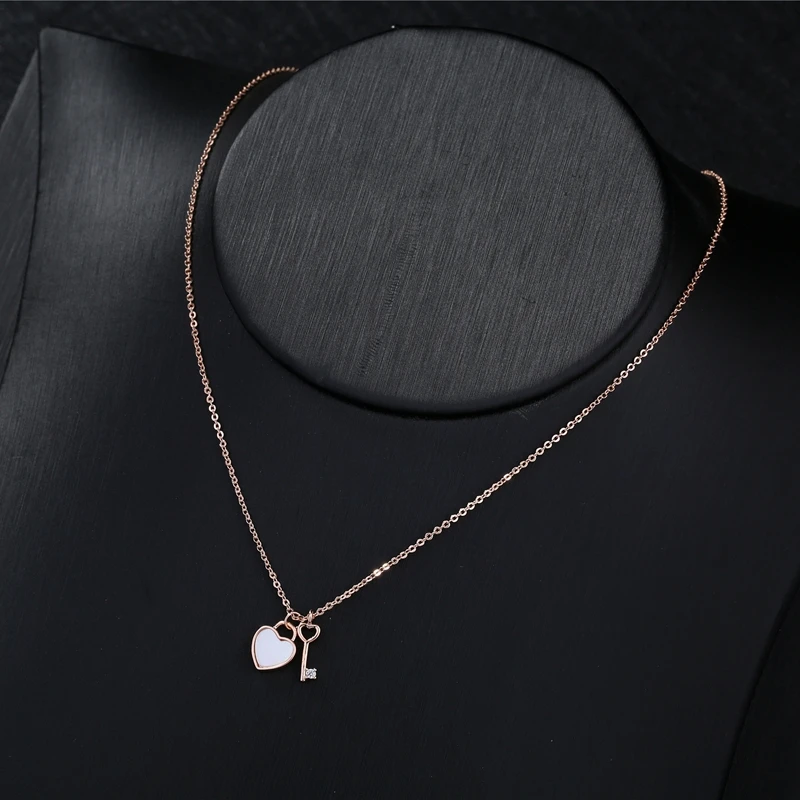 MIGGA Delicate CZ Crystal Key Shell Heart Pendant Necklace for Women Rose Gold Color Chain Jewelry